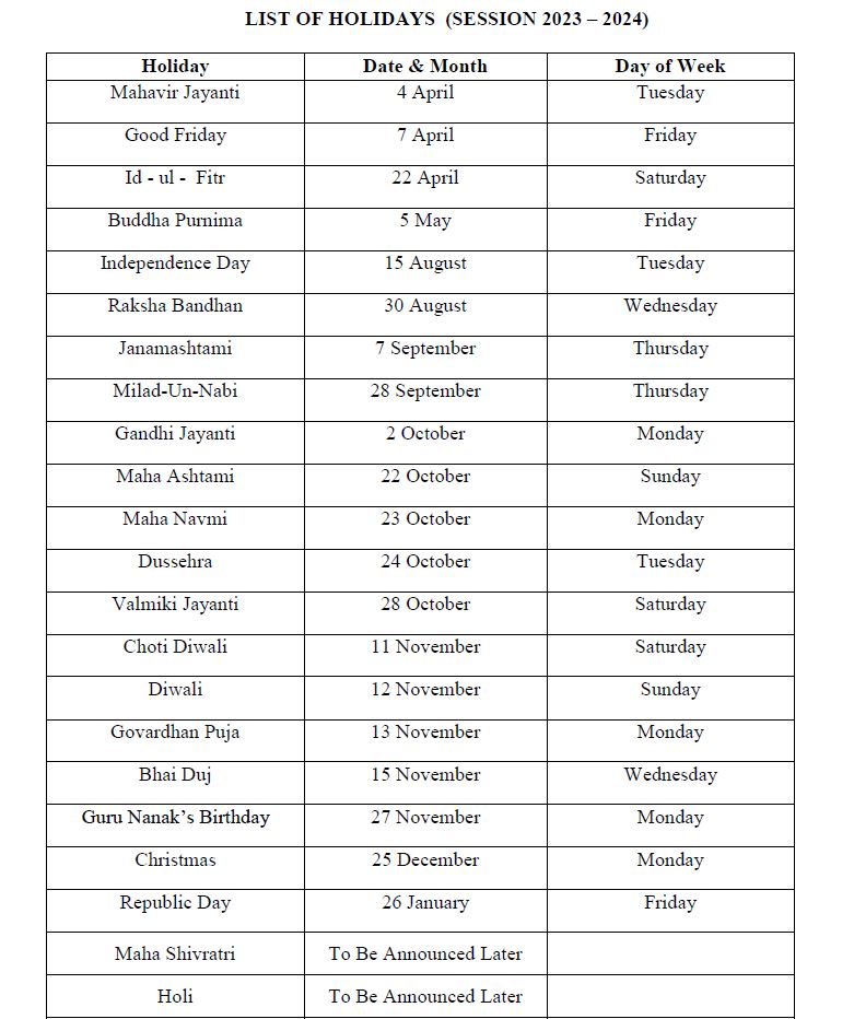 List of Holidays | Sachdeva Public School