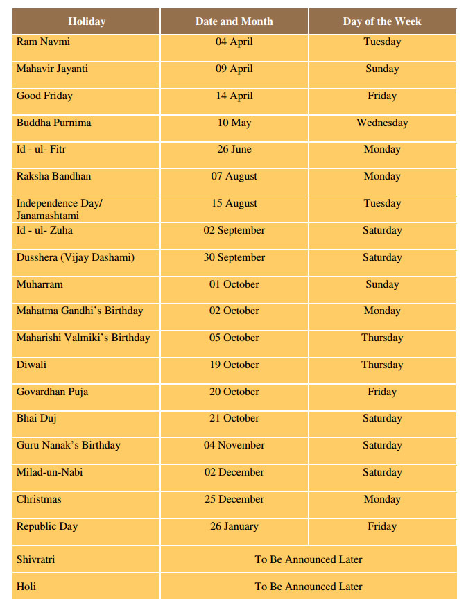 LIST OF HOLIDAYS | Sachdeva Public School